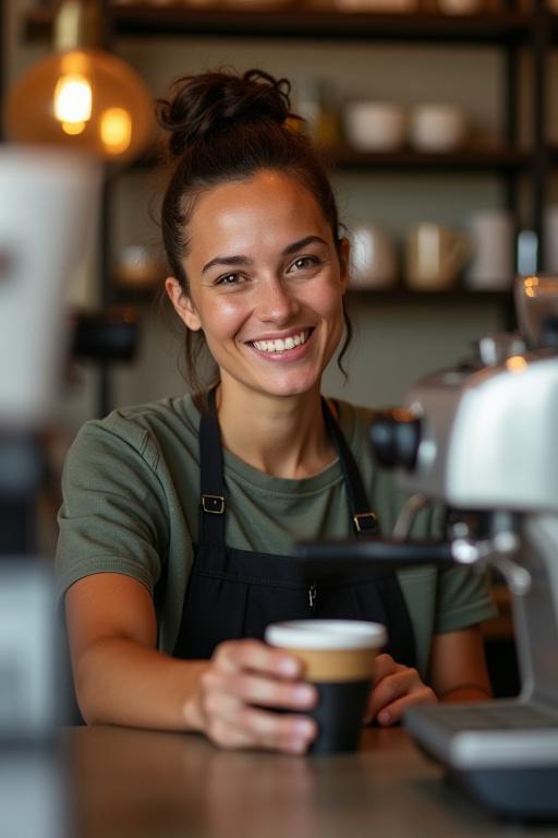 Un barista souriant et accueillant préparant un café derrière le comptoir.
